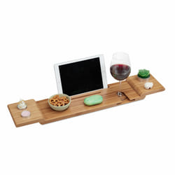 Pont de baignoire bambou, 70cm large, tablette de salle de bain verre, portable, plateau à suspendre, nature - Relaxdays