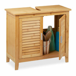 Relaxdays Armoire dessous lavabo bambou, 60x67x30 cm, 1 grand compartiment, 2 portes, magnétique, salle de bain, nature