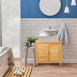 Relaxdays Armoire dessous lavabo bambou, 60x67x30 cm, 1 grand compartiment, 2 portes, magnétique, salle de bain, nature
