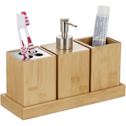 Relaxdays - accessoires de salle de bain, lot de 4, bambou, distributeur de savon à pompe, gobelet à brosse à dents, bol, nature