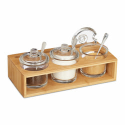 Relaxdays - Lot de 3 pots à épices, salière, sucrier, avec support en bambou, cuillère et couvercle, nature/transparent