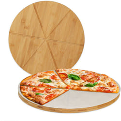 Relaxdays - Planche pizza, bambou, x2, assiette ronde 33 cm, papier de cuisson, avec rainures pour le découpage, nature