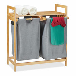 Panier à linge avec rangement, 2 compartiments, 2x 30 l sacs, bambou, amovibles, 73 x 64 x 33 cm, nature/gris - Relaxdays