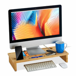 Relaxdays - Réhausseur d'écran bambou, avec rangements, autonome, support de moniteur pour bureau, hlp 9x54x23 cm, nature