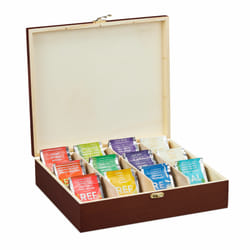 Relaxdays Boîte à thé, 12 compartiments, bois, organiseur, grand rangement, présentoir, HLP 7,5 x 29 x 26 cm, marron