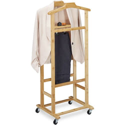 Valet de chambre à roulettes, portant en bambou, range-vêtements chambre, h x l x p : 107 x 47 x 37 cm, nature - Relaxdays