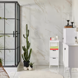 Relaxdays Armoire de salle bain, style campagnard, HlP: 90 x 30 x 30 cm, 2 tiroirs, 1 support, debout, étagère, blanc