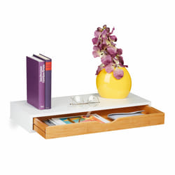 Relaxdays étagère murale tiroir, HxLxP: 8 x 60 x 24 cm, console au mur style scandinave, bois MDF, bambou, blanc/nature