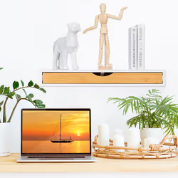 Relaxdays étagère murale tiroir, HxLxP: 8 x 60 x 24 cm, console au mur style scandinave, bois MDF, bambou, blanc/nature