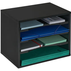 Relaxdays Corbeille à documents, rangement à lettres, 4 compartiments, pour bureau, organiseur, 28 x 35,5 x 25 cm, noir