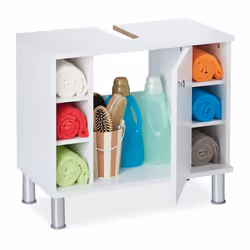 Relaxdays Armoire dessous de lavabo une porte 7 compartiments encoche siphon salle de bain MDF 535x60x32 cm blanc