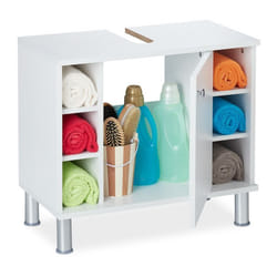 Relaxdays Armoire dessous de lavabo une porte 7 compartiments encoche siphon salle de bain MDF 535x60x32 cm blanc