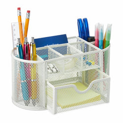 Relaxdays - Organiseur de bureau, Organisateur de table pour stylos et, métal, maille, hlp 10,5 x 22 x 11 cm, blanc