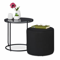 Table d'appoint avec tabouret, table basse ronde avec tabouret, peu encombrant, verre et métal, 40x40 cm, noir - Relaxdays