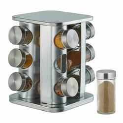 Tourniquet à épices, avec 12 pots, étagère rotative à 360°, inox, verre, HxD 22 x 19 cm, carrousel, argent - Relaxdays