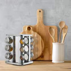 Tourniquet à épices, avec 12 pots, étagère rotative à 360°, inox, verre, HxD 22 x 19 cm, carrousel, argent - Relaxdays