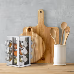 Relaxdays - Tourniquet à épices, avec 12 pots, étagère rotative à 360°, inox, verre, manège, h x d 22 x 19 cm, argent