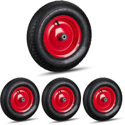 Roue de brouette caoutchouc, lot de 4, 3 adaptateurs par roue, axe, essieu 4.80 4.00-8, jusqu'à 120 kg, noir - rouge