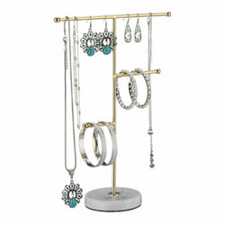 Relaxdays Porte-bijoux, marbre, 3 barres, rangement colliers, boucles d’oreilles & bracelets, HLP 26x19x8 cm, blanc/or