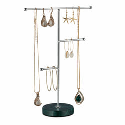 Relaxdays Porte-bijoux, pied en marbre, rangement pour colliers, boucles d’oreilles & bracelets, 3 barres, vert/argent