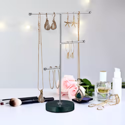 Relaxdays Porte-bijoux, pied en marbre, rangement pour colliers, boucles d’oreilles & bracelets, 3 barres, vert/argent