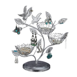 Relaxdays Arbre à bijoux, 88 trous pour boucles d’oreilles, porte-bagues vintage, fer, HLP 34 x 39 x 15cm, argent