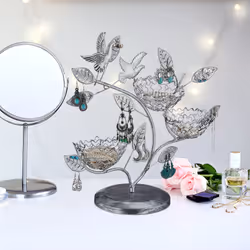 Relaxdays Arbre à bijoux, 88 trous pour boucles d’oreilles, porte-bagues vintage, fer, HLP 34 x 39 x 15cm, argent