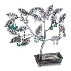 Relaxdays Arbre à bijoux, avec rangement, porte-boucles d’oreilles pour 68 paires, fer, HLP 31x31x8,5 cm, noir/argenté