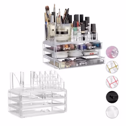 2x Organiseurs cosmétiques 2 parties rangement maquillage acrylique emplacements porte-crayons tiroirs transparent