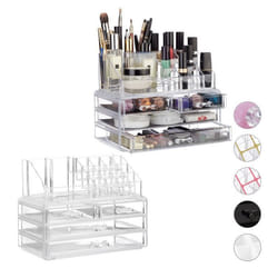 2x Organiseurs cosmétiques 2 parties rangement maquillage acrylique emplacements porte-crayons tiroirs transparent
