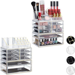 2x Boîtes rangement maquillage, organisateur, produits cosmétiques, 8 tiroirs compartiments, acrylique, transparent/doré