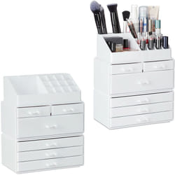 Relaxdays - Lot de 2 organiseurs de Cosmétiques, 6 Tiroirs, 22 Casiers, Rangement, Make-Up, Tour à Maquillage, Acrylique, blanc