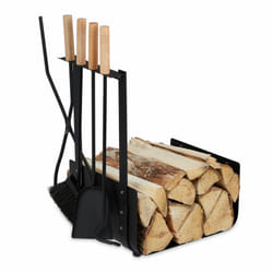 Relaxdays - Panier bûches de cheminée, 4 instruments Couvert de four, pelle, balais, pinces et tisonnier, noir