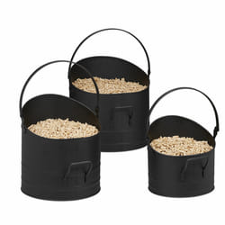 Seau à pellets jeu de 3, respectivement de 21, 25 et 30 cm, poignée et anse rabattable, en métal, accessoire noir.
