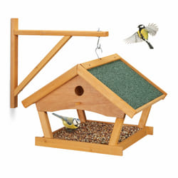 Relaxdays Mangeoire pour oiseaux en bois, à suspendre, HLP: 35x42,5x40,5 cm, jardin, distributeur de nourriture, nature