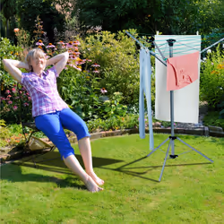 Sèche linge rotatif, ligne de 15 m, jardin et camping, pliable, socle, étendoir de balcon, H:140cmargenté - Relaxdays