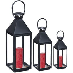 Relaxdays - Lot de 3 lanternes, décoration intérieur et extérieur, 3 tailles, métal, verre, photophores pour bougies, noir