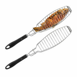 Relaxdays Panier à brochettes en lot de 2, acier inox, manche en caoutchouc, 58,5 cm de long, pour grillades, argenté