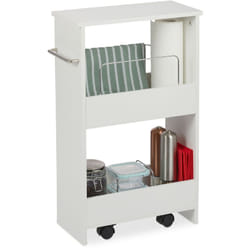 Relaxdays - Chariot de niche, 2 compartiments, désserte sur roulettes, meuble étroit , bain et cuisine, mdf, blanc.