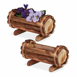 Relaxdays - Vase pour plantes, bois flambé, 2 pièces, décoration jardin, demi tonneau pour fleurs, vintage HlP:11x20x9 cm