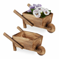Relaxdays - Brouette pour plantes, jeu de 2, bois brûlé, jardin décoration, vintage, pour plantes,HxlxP 10x22x12 cm