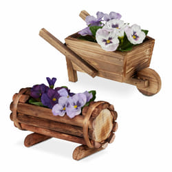 Relaxdays - Bac pour plantes, en bois, jeu de 2, brouette et demi tonneau fleurs