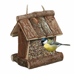 Relaxdays Mangeoire pour oiseaux en bois, à suspendre, HLP 17 x 15 x 12 cm, à silo, distributeur de nourriture, nature