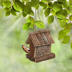 Relaxdays Mangeoire pour oiseaux en bois, à suspendre, HLP 17 x 15 x 12 cm, à silo, distributeur de nourriture, nature