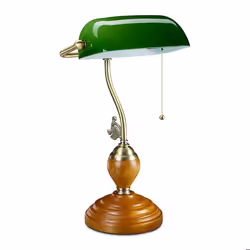 Relaxdays Lampe de banquier interrupteur à tirette abat jour inclinable socle bois design retro douille E27 bureau.