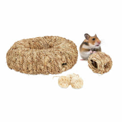 Relaxdays lot d’accessoires pour hamster, 5 pièces, nid d’herbe, tube, tunnel & balles, objet de cage, rongeur, nature