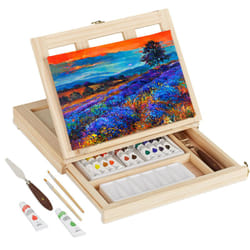 Relaxdays - Chevalet table en bois, 19 pièces, avec toile, palette de couleurs, pinceaux, acryliques et spatules, réglable