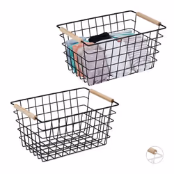 2x Paniers fil métal poignée en bois rectangulaire design quadrillé vêtements accessoires HxLxP: 16x31x21 cm noir