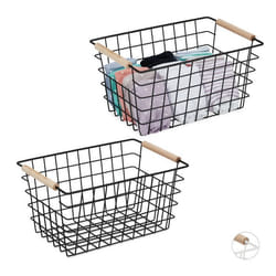 2x Paniers fil métal poignée en bois rectangulaire design quadrillé vêtements accessoires HxLxP: 16x31x21 cm noir