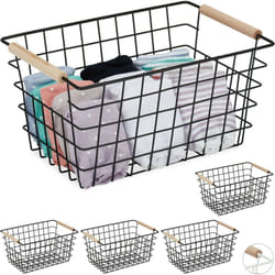 Relaxdays - 5x Paniers fil métal, poignée en bois, rectangulaire, design quadrillé, vêtements, accessoires, HxLxP: 16x31x21 cm, noir